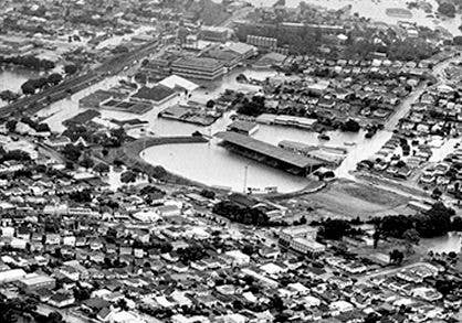 Lang Park submerged in water during the 1974 Brisbane floods.