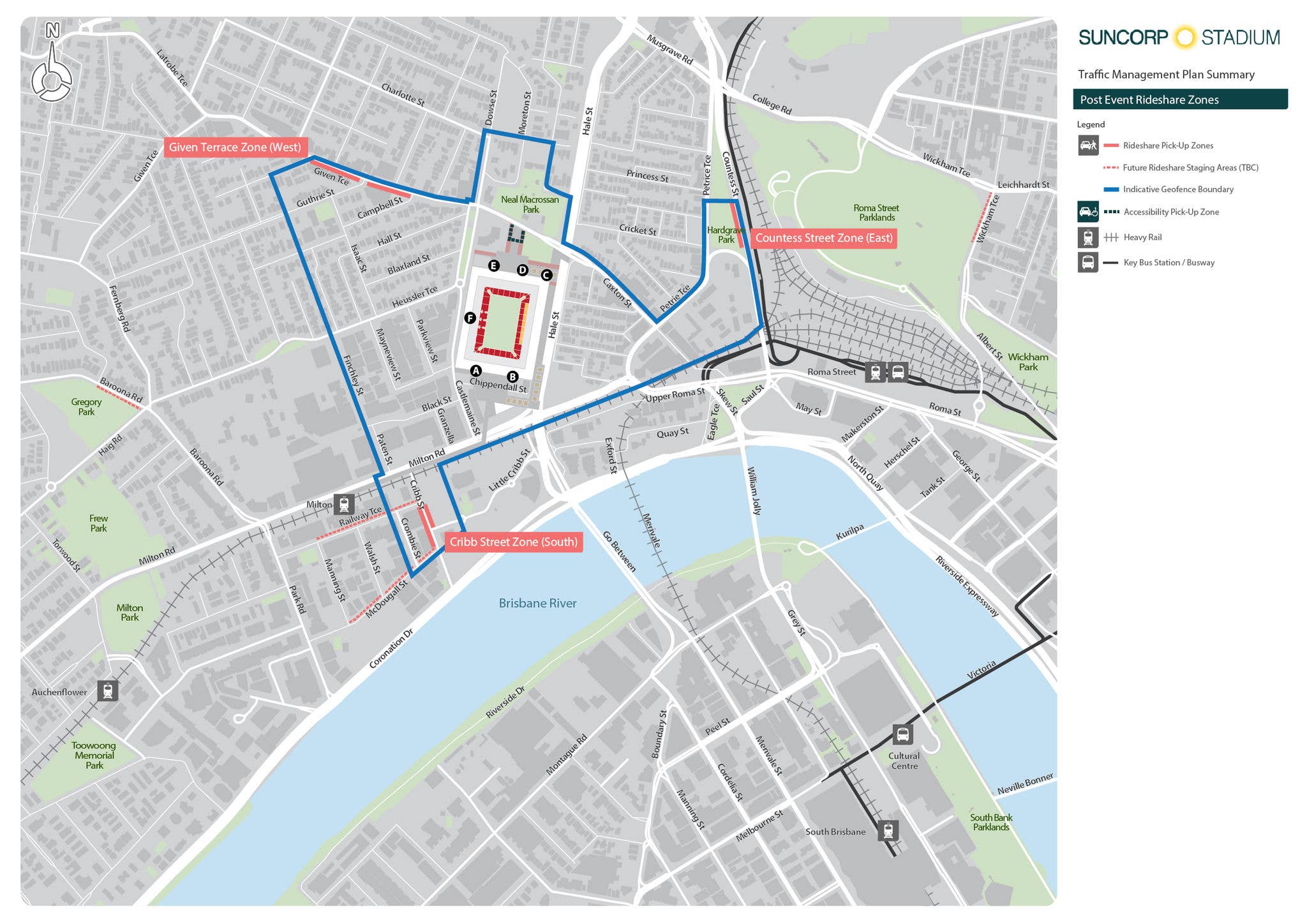 A map of Suncorp Stadium and surrounding areas showing the Rideshare Trial Pick up zone locations