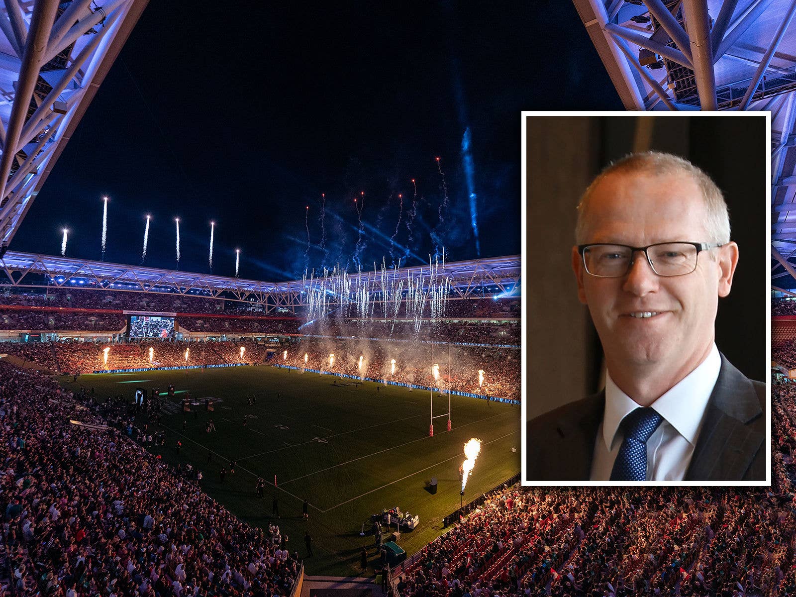 An image of Suncorp Stadium at night with an inset image of Darren Burden new General Manager