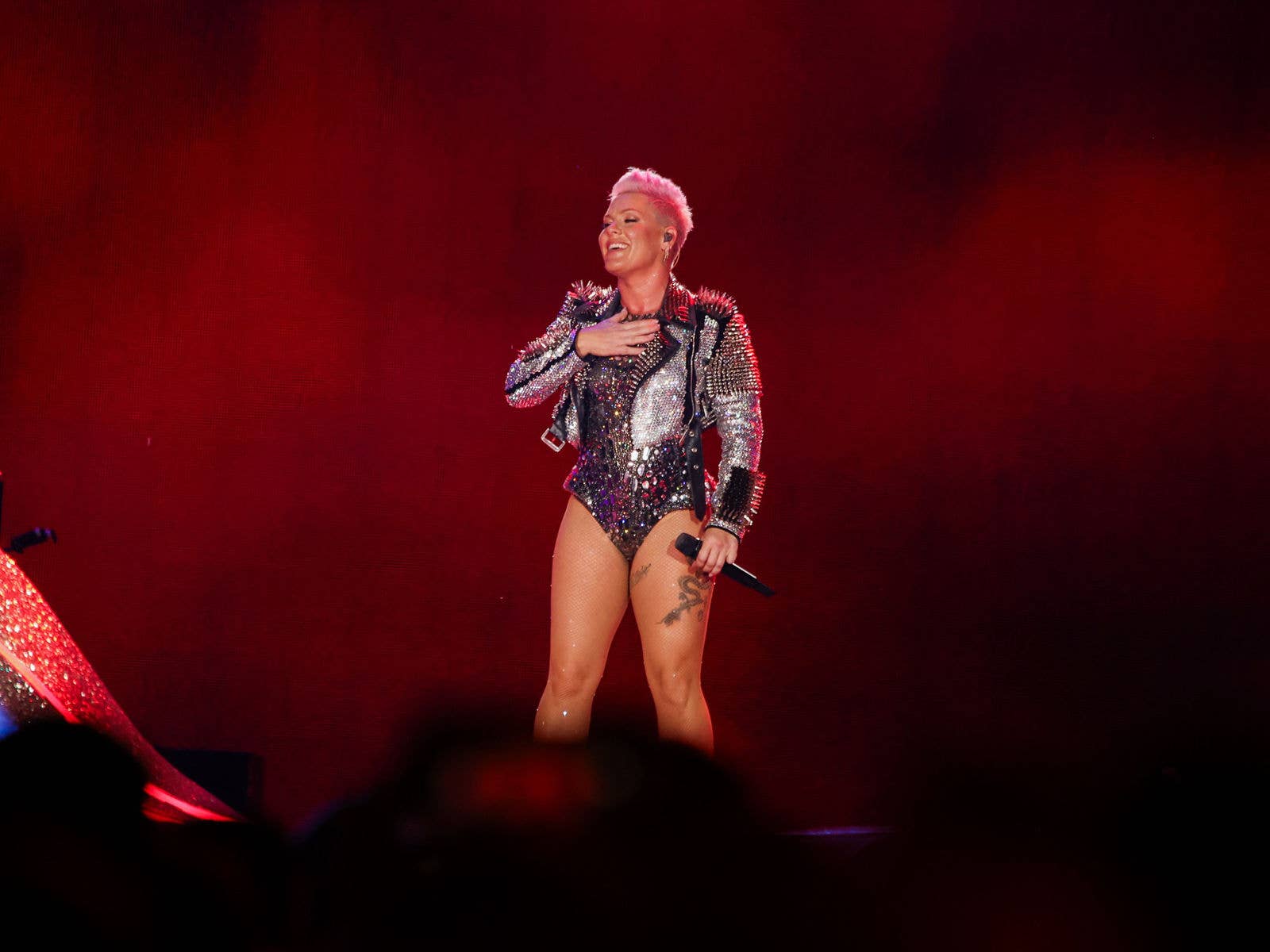 Pink on stage at Suncorp Stadium during her Pink Summer Carnival Tour in 2024.