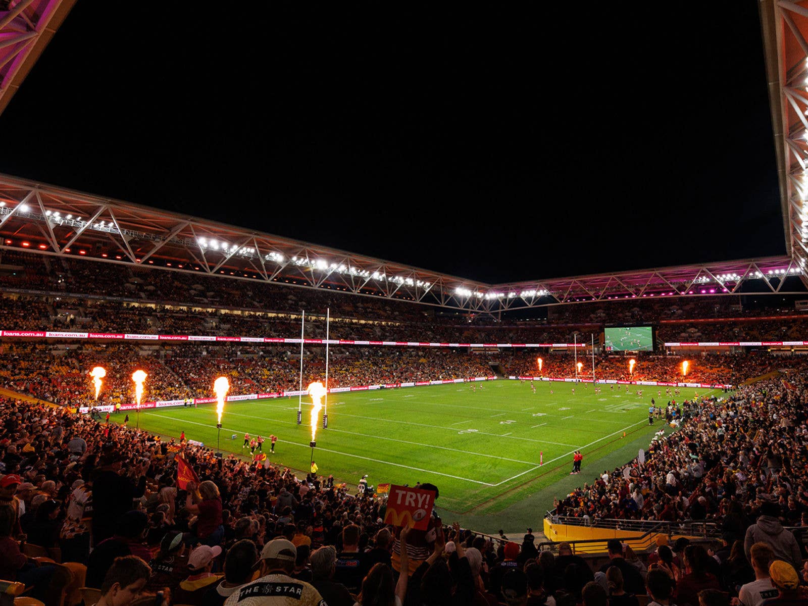 Suncorp Stadium with Fire going off and a full crowd
