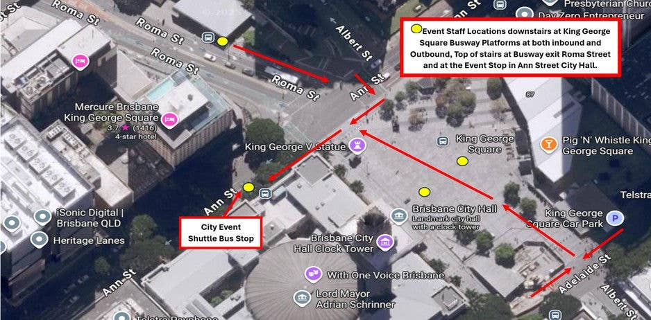 King George Square directions to Ann Street Stop 12 where the Suncorp Stadium shuttle departs and arrives