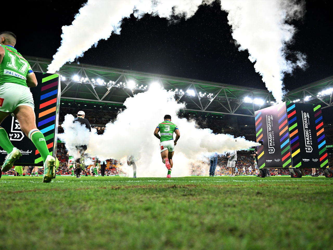 Canberra Raiders players run out to Suncorp Stadium in NRL Magic Round