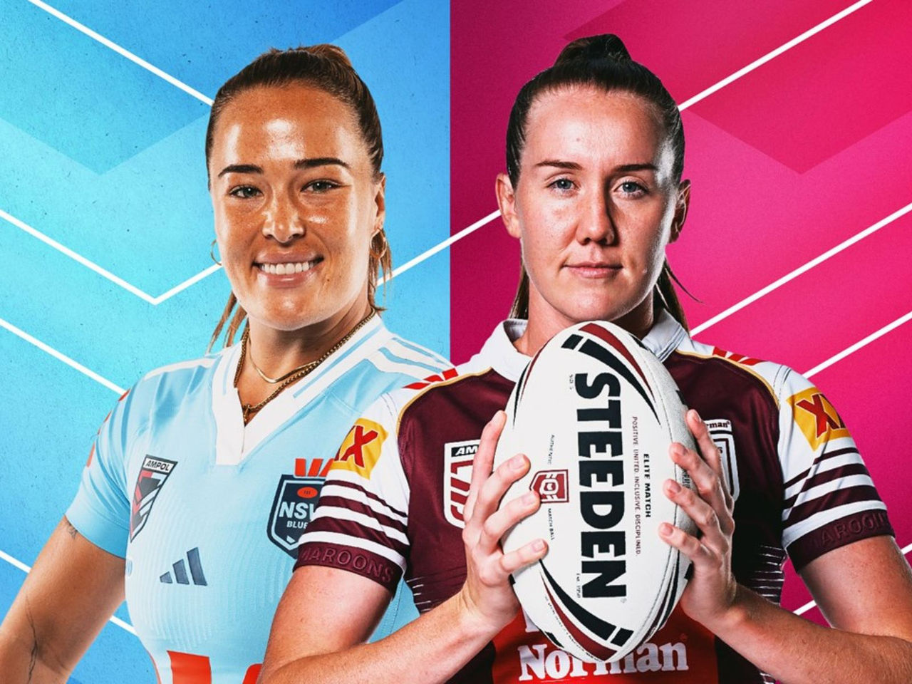 NSW Blues player Isabelle Kelly and Queensland Maroons player Tamika Upton