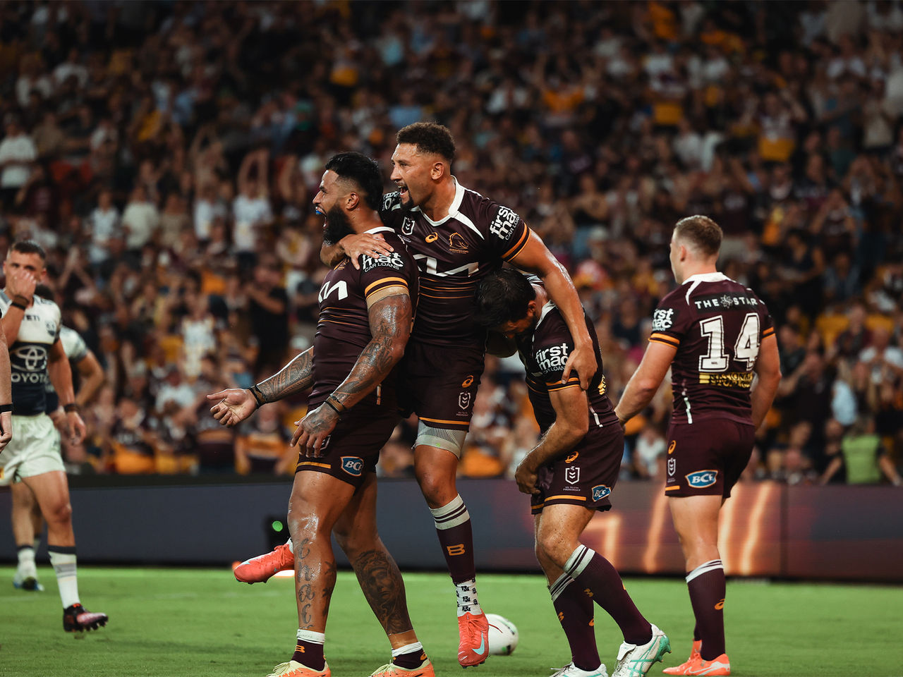 Brisbane Broncos celebrate Gehamat Shibasaki and Payne Haas