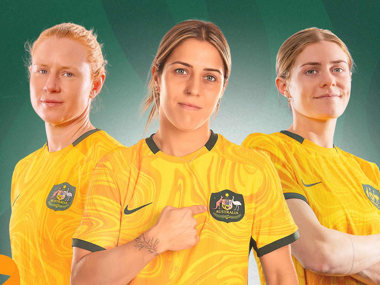 Three Australian Matilda's women players smiling side by side, including Clare Polkinghorne, Katrina Gorry and Cortnee Vine.