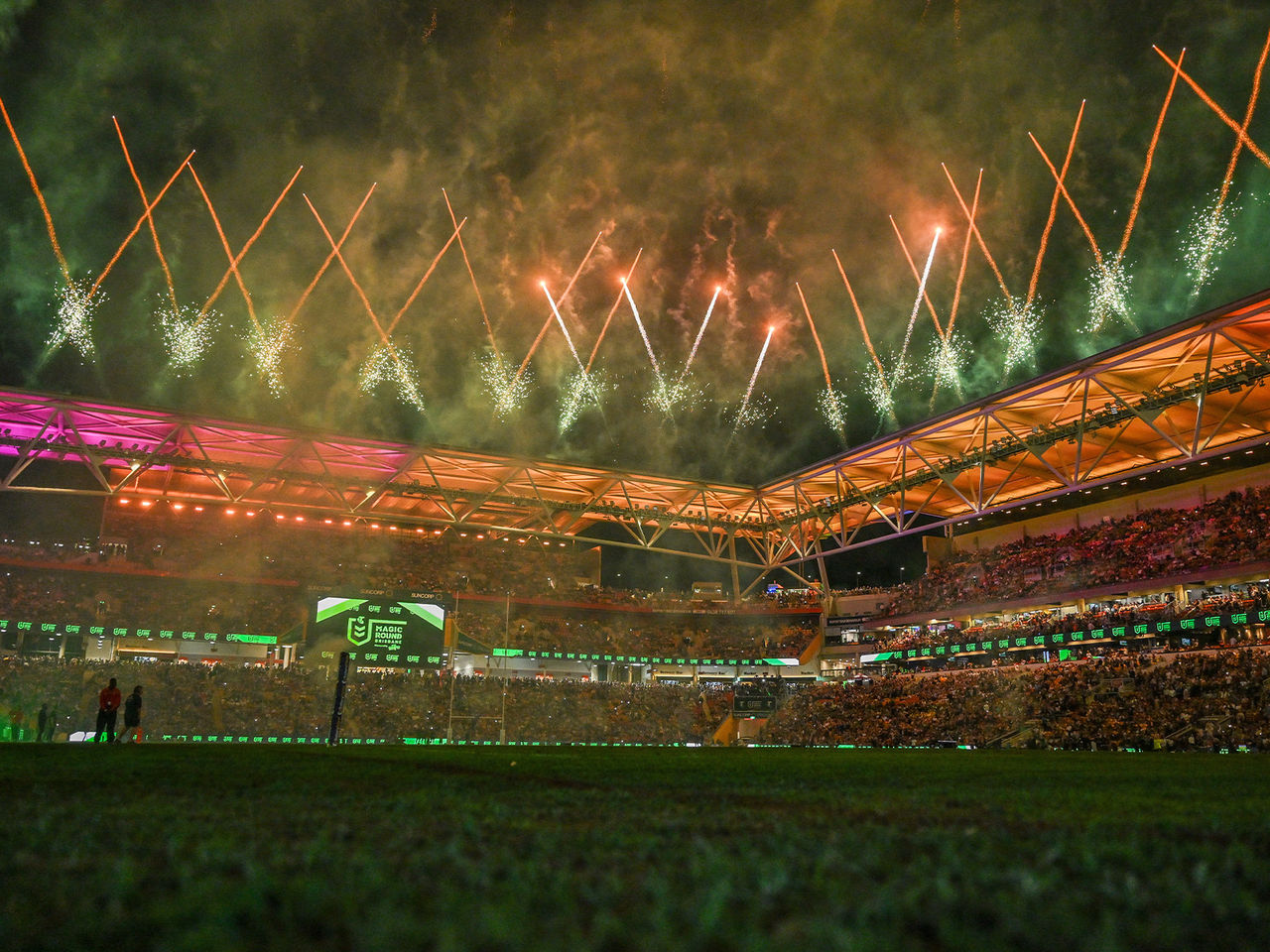 Firework show off the Suncorp Stadium roof at Magic Round 2024