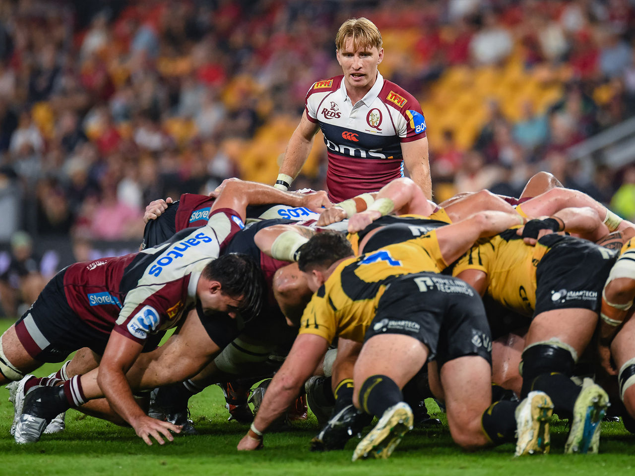 Reds players and Western Force players packing a scrum