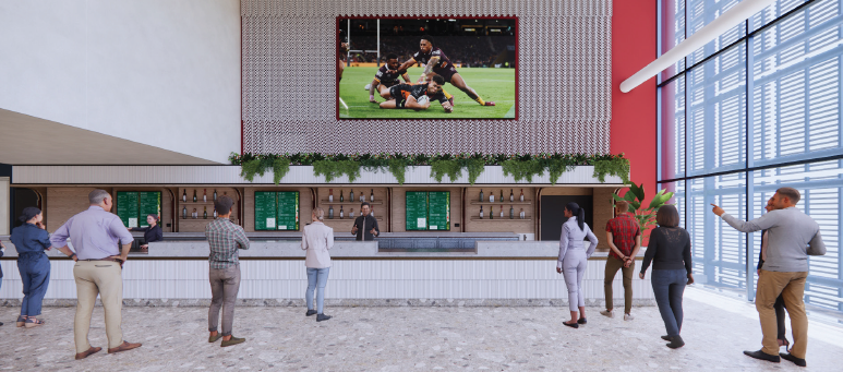 render drawing of new Suncorp Stadium Members Reserve showing the bar and new tv screens