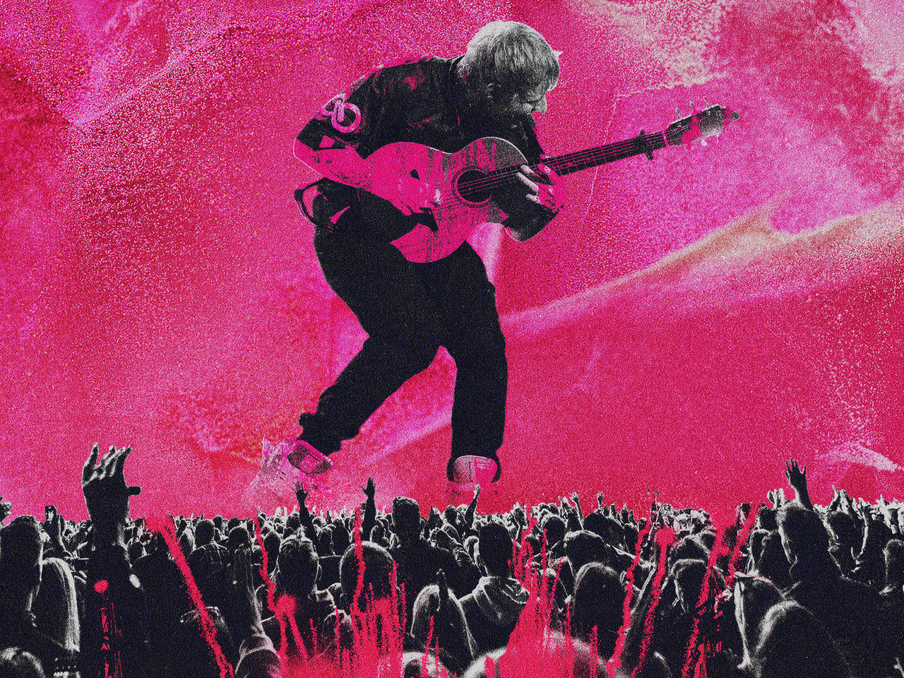 A graphic of Ed Sheeran and a crowd in the foreground