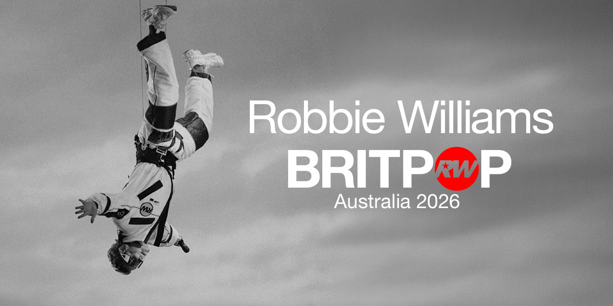 Robbie Williams Britpop tour art including an image of the singer hanging upside down and the words Australia 2026