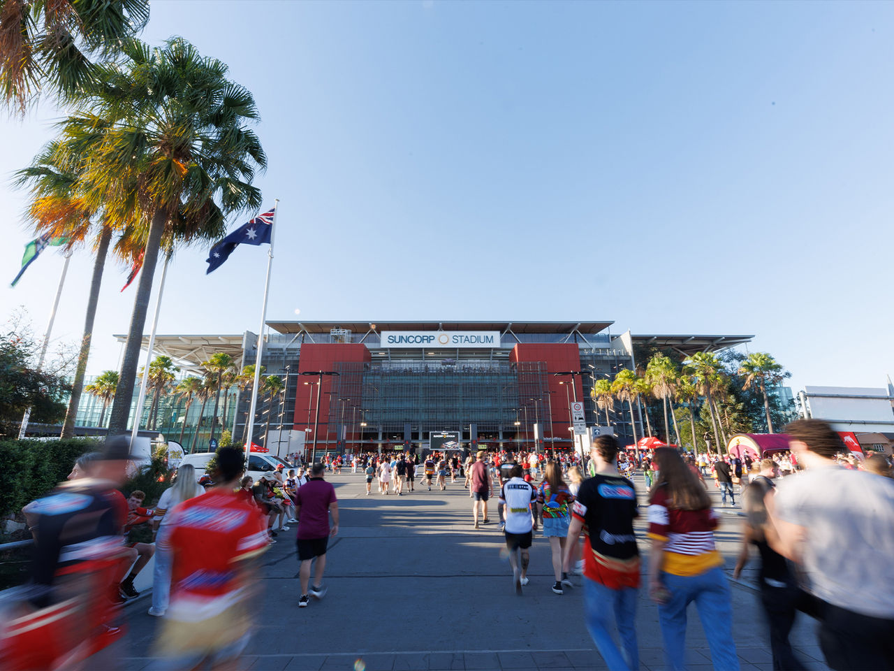 Patrons entering Suncorp Stadium from the South Plaza on an event day.