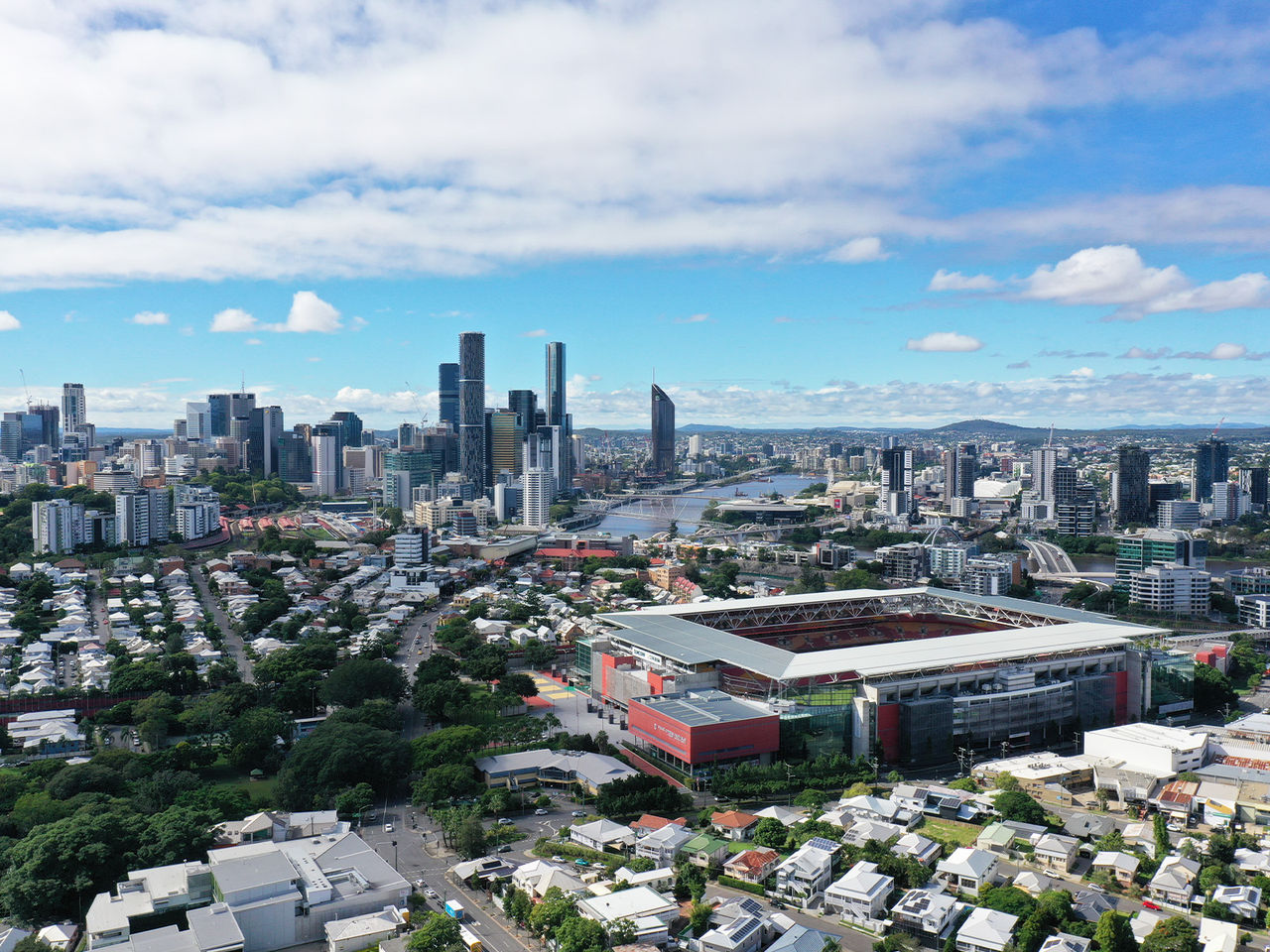 Aerial image of Suncorp Stadium from the North West overlooking the Stadium and Brisbane city in the background 